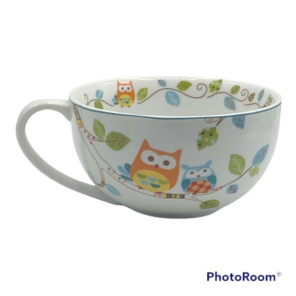 222 Fifth Enchanted Woods Owls Large Soup Mug Teal Blue Trim 20 oz